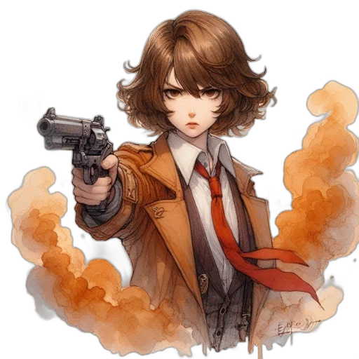 weapon, jacket, staff, anime, watercolor, concept art, pixel art, fire transparent PNG cut-out
