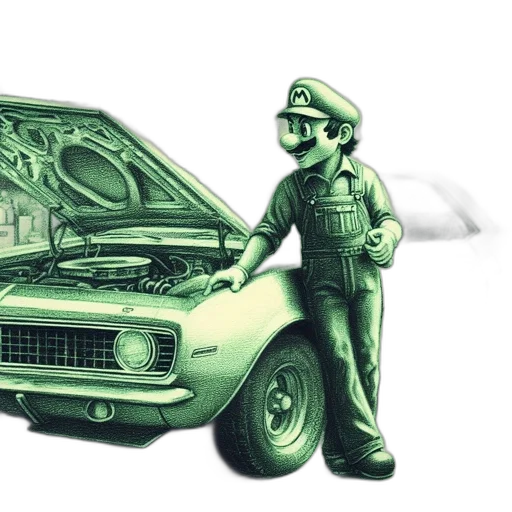 car, concept art, 3d render, photorealistic, cartoon, mario, stands, beside transparent PNG cut-out