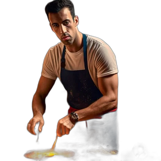 food, photorealistic, oil painting, man, wearing, white, t-shirt, blue transparent PNG cut-out