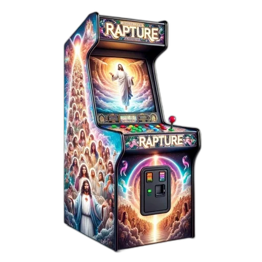 arcade, machine, named, rapture, features, vibrant, design, centered transparent PNG cut-out