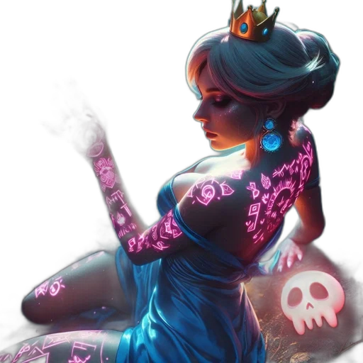dress, crown, jewelry, fantasy art, concept art, comic book art, cyberpunk, neon lights transparent PNG cut-out