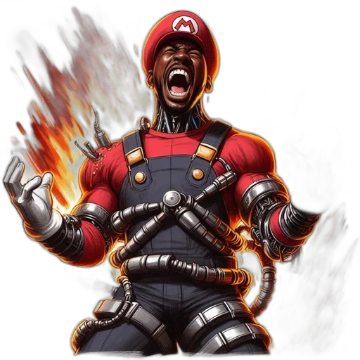 comic book art, concept art, pixel art, fantasy art, fire, red, mario, muscular transparent PNG cut-out