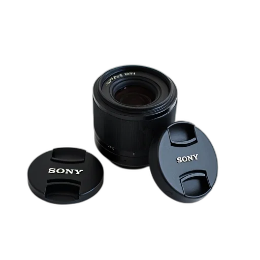 3d render, black, camera, lens, brand, name, sony, engraved transparent PNG cut-out