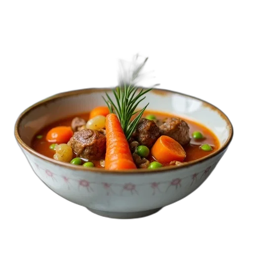 food, 3d render, photorealistic, bowl, stew, carrots, peas, meat transparent PNG cut-out