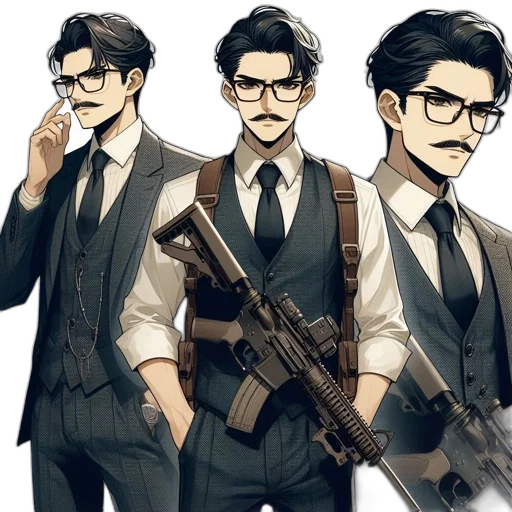 concept art, cartoon, comic book art, anime, serious, man, suit, mustache transparent PNG cut-out