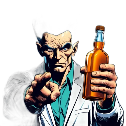bottle, jacket, comic book art, concept art, illustrated, character, stark, blue transparent PNG cut-out
