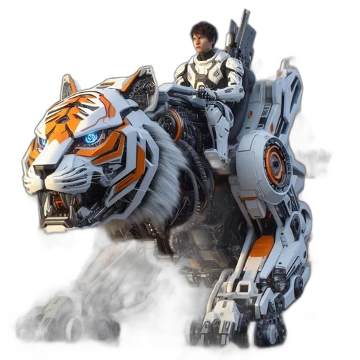 concept art, 3d render, fantasy art, photorealistic, young, rider, mechanized, tiger transparent PNG cut-out