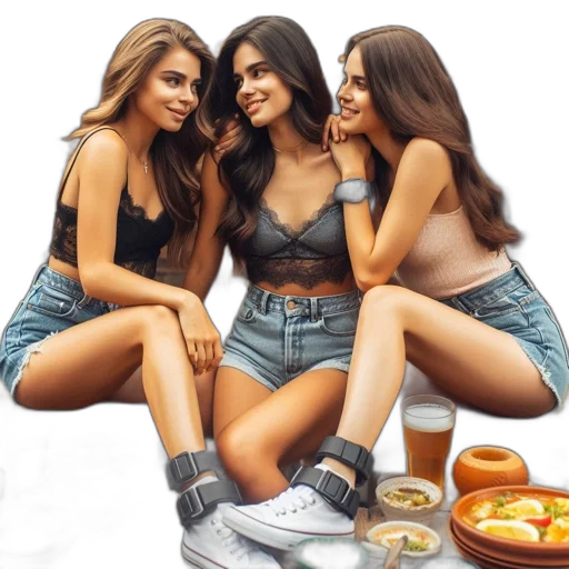 shoes, food, photorealistic, concept art, neon lights, three, women, long transparent PNG cut-out