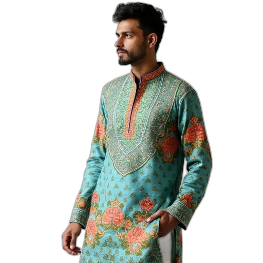 jacket, colorful, man, wearing, vibrant, patterned, kurta, floral transparent PNG cut-out