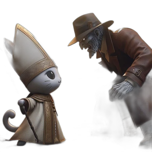 hat, staff, robot, creature, concept art, 3d render, fantasy art, comic book art transparent PNG cut-out