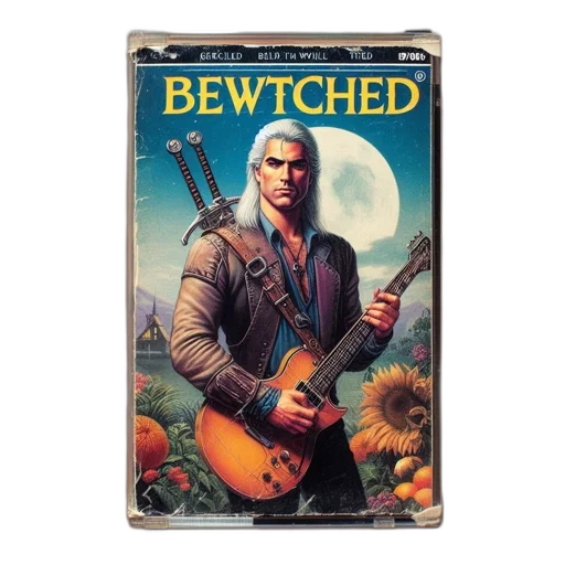 vintage, paperback, cover, featuring, geralt-like, character, holding, guitar transparent PNG cut-out