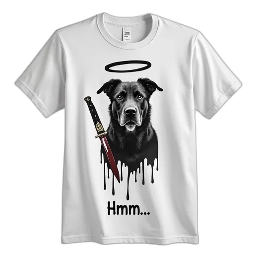 white, t-shirt, black, graphic, dog, holding, knife, blood transparent PNG cut-out