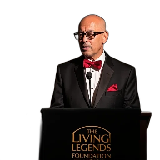 man, bald, head, glasses, standing, podium, giving, speech transparent PNG cut-out