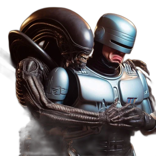 robot, concept art, comic book art, 3d render, photorealistic, outer space, xenomorph, robocop transparent PNG cut-out