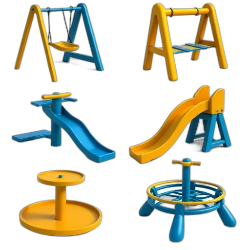 furniture, 3d render, collection, colorful, playground, equipment, displayed, collage transparent PNG cut-out
