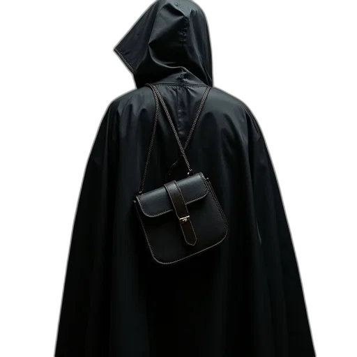 jacket, staff, dress, weapon, cyberpunk, concept art, dark, black transparent PNG cut-out