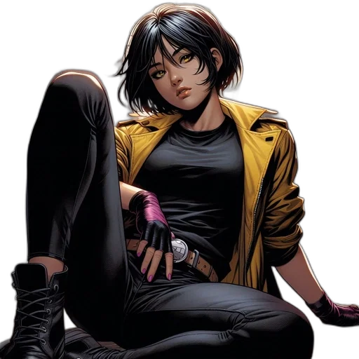 jacket, comic book art, concept art, cyberpunk, neon lights, dark, female, character transparent PNG cut-out