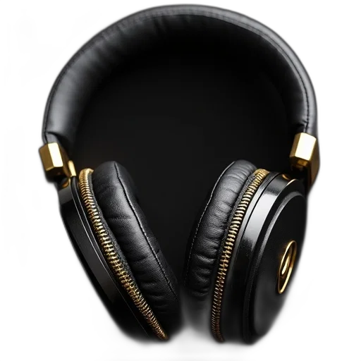 jewelry, photorealistic, pair, black, leather, headphones, gold, logo transparent PNG cut-out