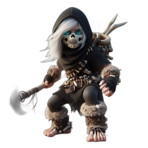 mask, staff, weapon, creature, concept art, fantasy art, 3d render, pixel art transparent PNG cut-out