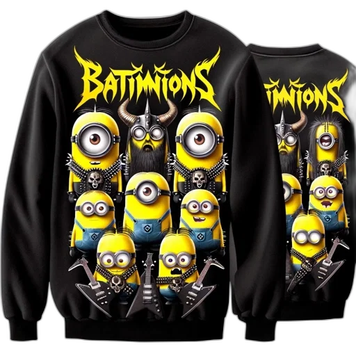 black, sweatshirt, features, stylized, minion, characters, resembling, rock transparent PNG cut-out