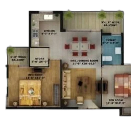 concept art, 3d render, earth tones, floor, plan, two-bedroom, apartment, kitchen transparent PNG cut-out