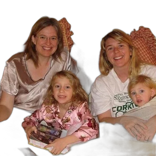 photorealistic, two, women, children, sit, bed, picture, frame transparent PNG cut-out