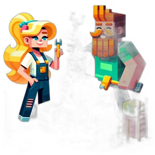 concept art, pixel art, 3d render, cartoon, monochrome, colorful, golden, two transparent PNG cut-out