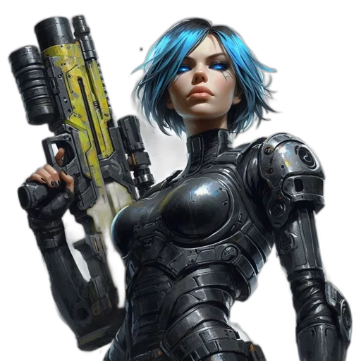 robot, weapon, cyberpunk, concept art, comic book art, fantasy art, outer space, blue transparent PNG cut-out
