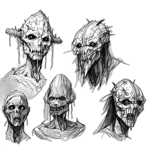 mask, creature, face, concept art, fantasy art, comic book art, pencil sketch, dark transparent PNG cut-out