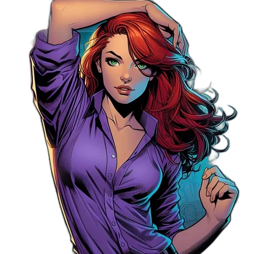 comic book art, cartoon, concept art, fantasy art, red, woman, hair, green transparent PNG cut-out