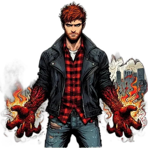 jacket, comic book art, concept art, pixel art, fantasy art, fire, male, character transparent PNG cut-out
