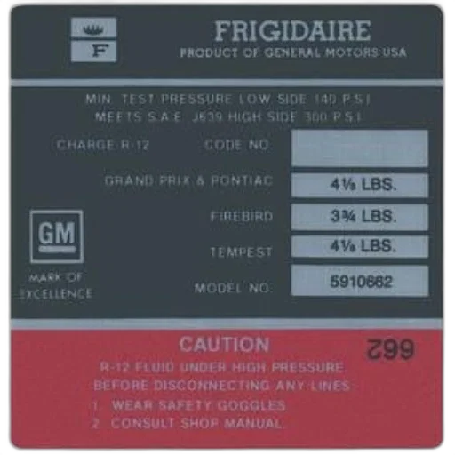 frigidaire, product, label, general, motors, usa, detailing, charge transparent PNG cut-out