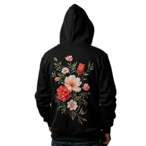 jacket, flower, 3d render, photorealistic, dark, person, wearing, black transparent PNG cut-out
