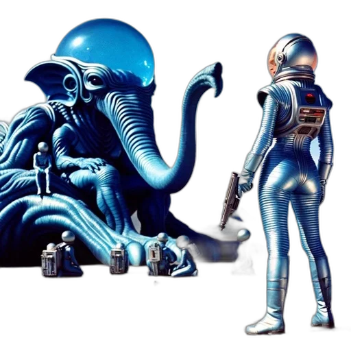 robot, concept art, fantasy art, comic book art, outer space, underwater, blue, astronaut transparent PNG cut-out