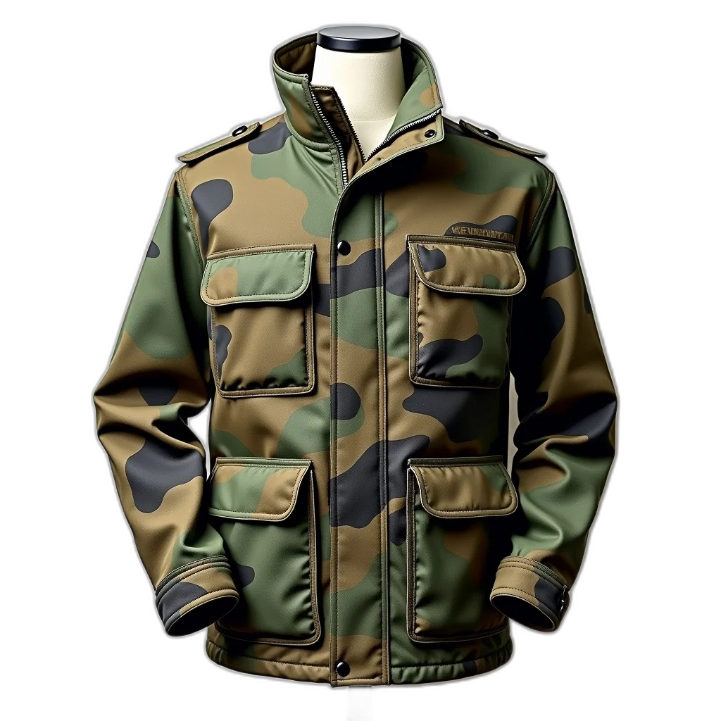 jacket, 3d render, camouflage, multiple, pockets, zipper, displayed, mannequin transparent PNG cut-out