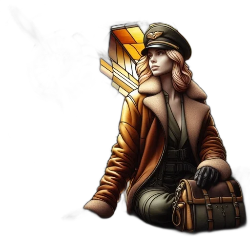 jacket, hat, concept art, fantasy art, pixel art, comic book art, golden, woman transparent PNG cut-out