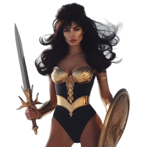 fantasy art, comic book art, concept art, 3d render, woman, black, gold, warrior transparent PNG cut-out