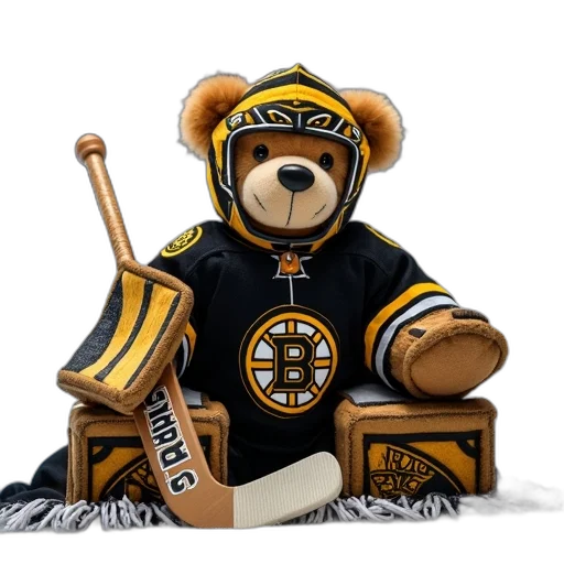plush, teddy, bear, wearing, hockey, goalie, uniform, helmet transparent PNG cut-out