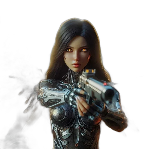 weapon, robot, concept art, fantasy art, comic book art, photorealistic, woman, mechanical transparent PNG cut-out