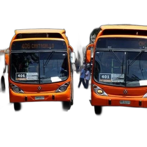 3d render, photorealistic, two, orange, buses, street, number, 406 transparent PNG cut-out