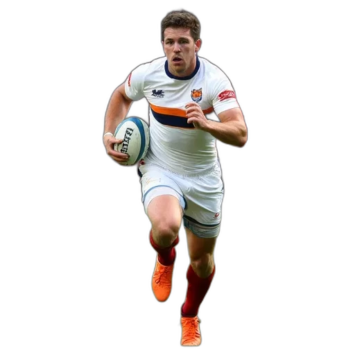 rugby, player, white, jersey, orange, blue, accents, running transparent PNG cut-out