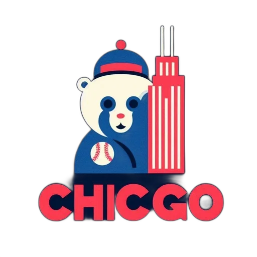 concept art, stylized, chicago, skyline, features, baseball-holding, bear, mascot transparent PNG cut-out