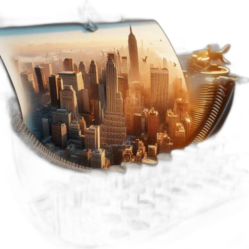 3d render, concept art, photorealistic, vintage, typewriter, sits, printed, cityscape transparent PNG cut-out