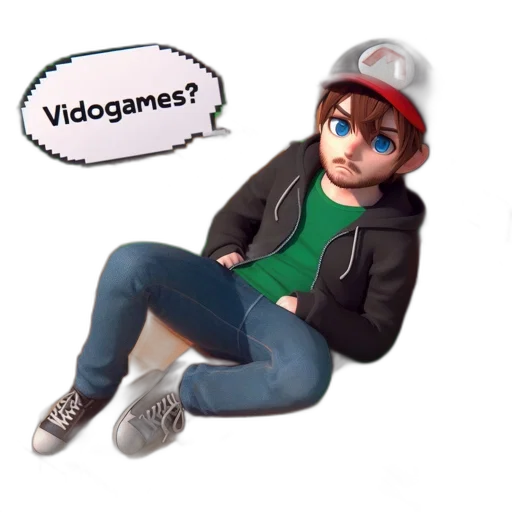 cartoon, 3d render, concept art, anime, youth, mario-like, appearance, sits transparent PNG cut-out
