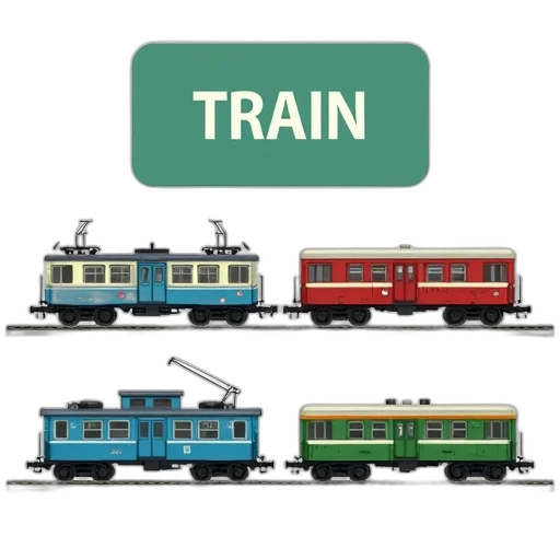 concept art, 3d render, green, collection, four, different, colored, train transparent PNG cut-out