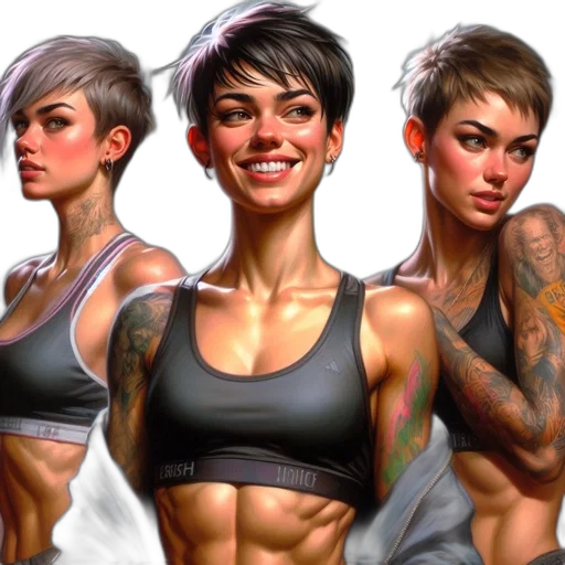 concept art, photorealistic, comic book art, fantasy art, three, female, athletes, unique transparent PNG cut-out