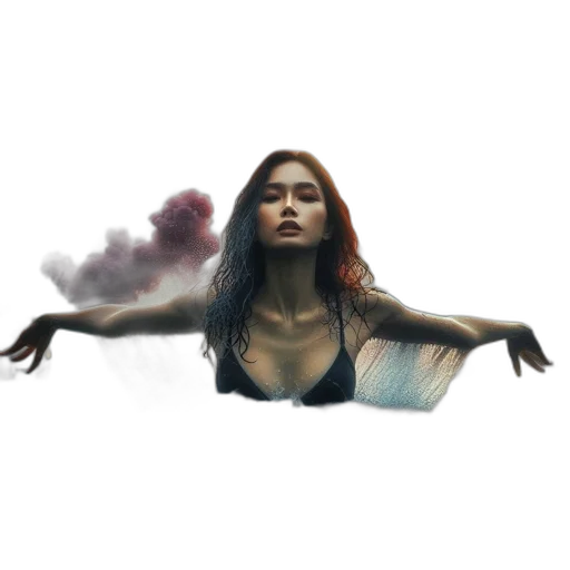 concept art, photorealistic, fantasy art, comic book art, fog, fire, underwater, wet-haired transparent PNG cut-out