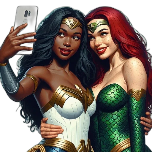 comic book art, fantasy art, concept art, cartoon, green, two, female, characters transparent PNG cut-out