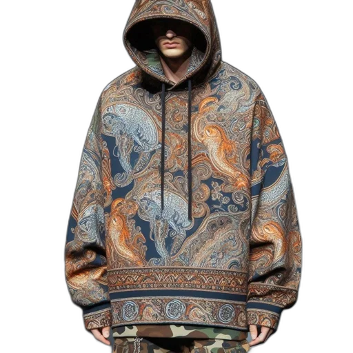 jacket, earth tones, model, hooded, paisley-draped, outfit, walks, dimly transparent PNG cut-out