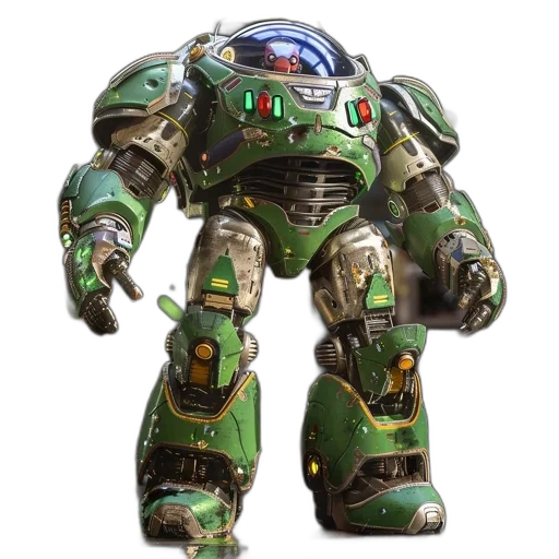 robot, weapon, concept art, 3d render, green, large, silver, yellow transparent PNG cut-out
